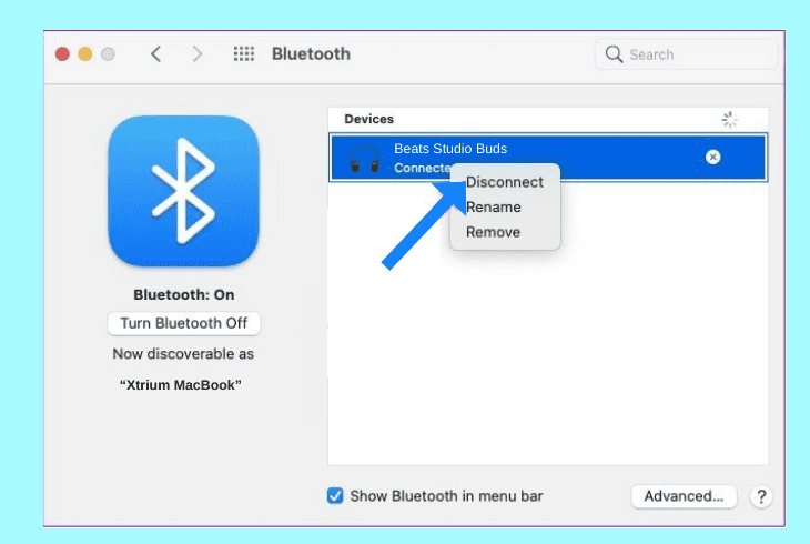 disconnect the earbuds connection on mac