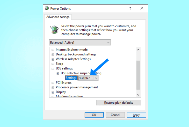 deactivate “usb selective suspend” (windows)