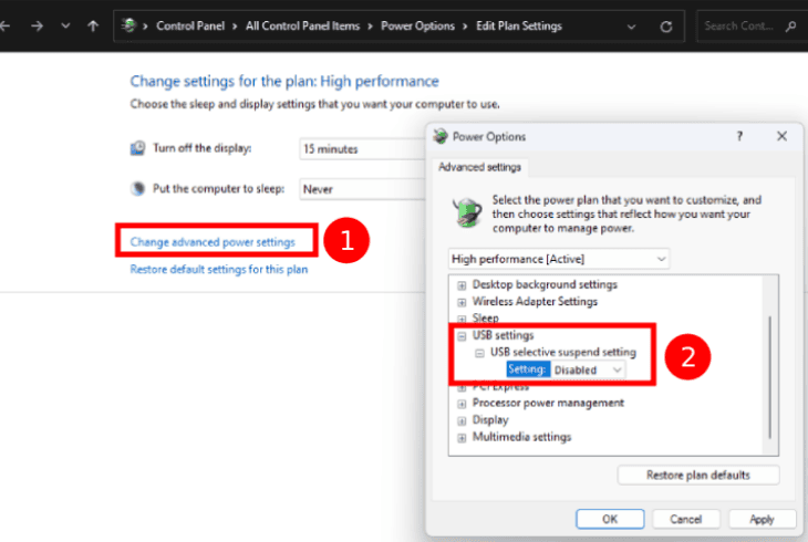 turn off “usb suspend” setting