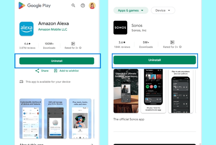 reinstall alexa and sonos apps