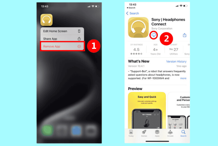reinstall sony connect app on iphones