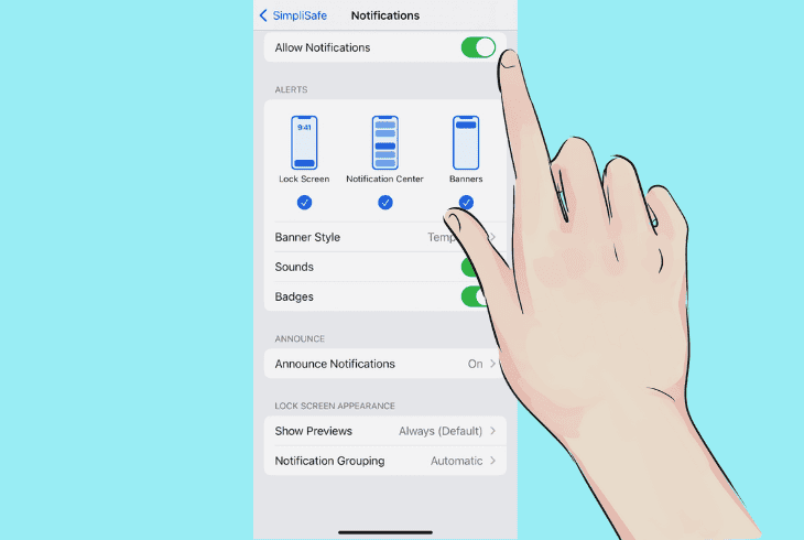 how to allow simplisafe alerts on iphone