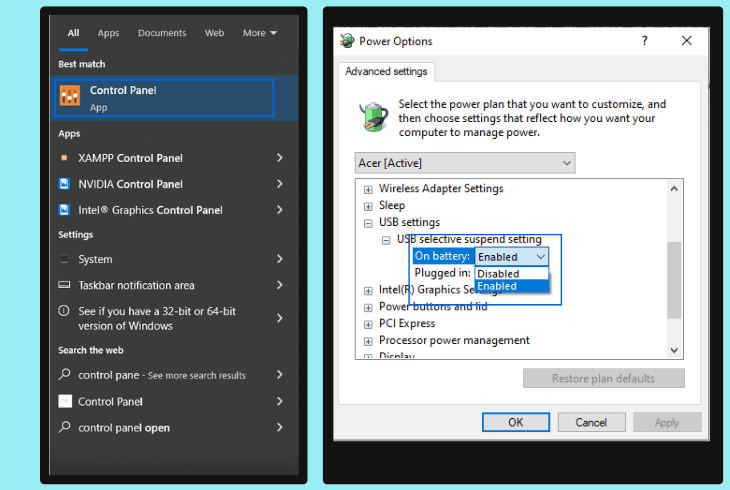 stop usb selective suspend setting