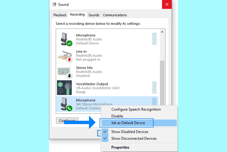 set blue yeti as default microphone