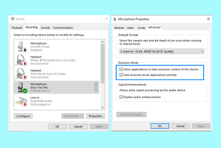 disable the blue yeti “exclusive control”
