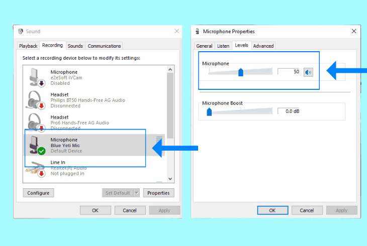 use windows microphone level: