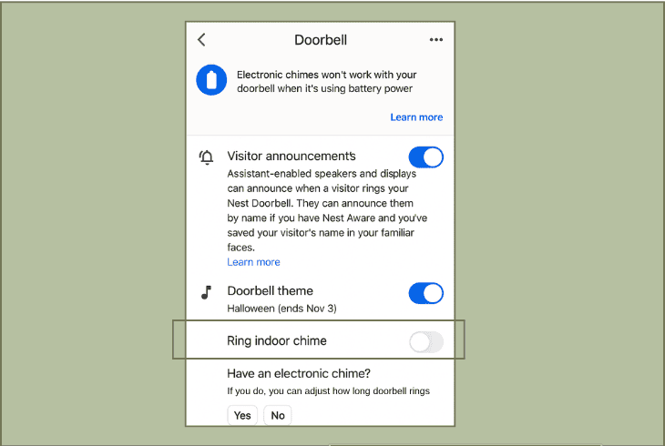 disable the indoor chime function (wired)