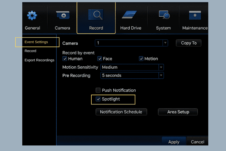 access the light & recording settings: