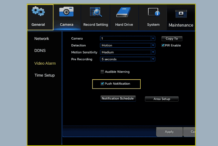 access notifications & timelapse settings: